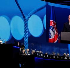 El presidente de la FIFA, Gianni Infantino, durante el 45 Congreso Ordinario de la UEFA, Montreux (Suiza), el 20 de abril de 2021. Foto: Richard Juilliart / UEFA / Reuters