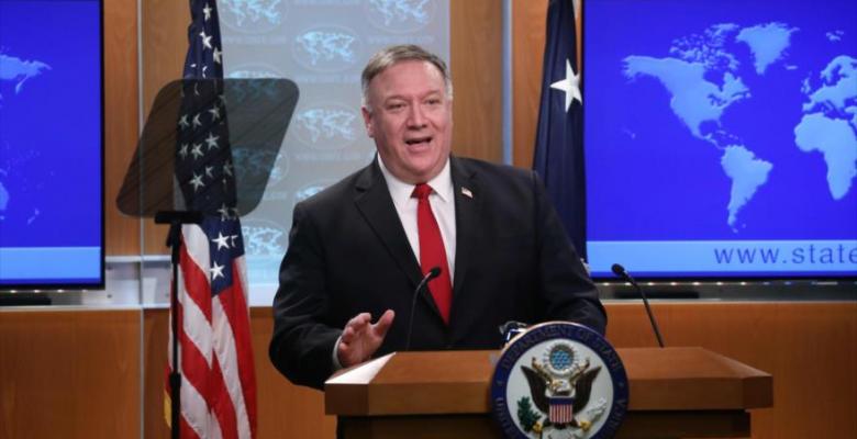El secretario de Estado de EE.UU., Mike Pompeo, en una conferencia de prensa, Washington D.C., 7 de abril de 2020. Foto: AFP