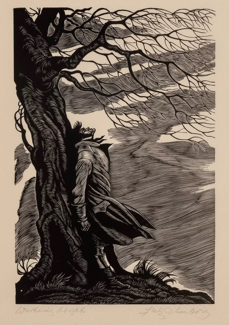 Heathcliff bajo el árbol (1943) grabado de Fritz Eichenberg (Alemania, 1901-1990)