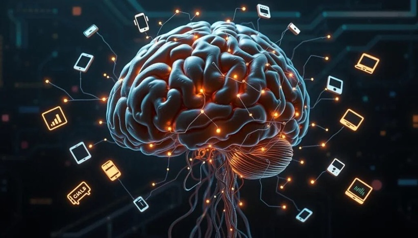 Ilustración de cerebro rodeado por nuevas tecnologías Ilustración de cerebro rodeado por nuevas tecnologías