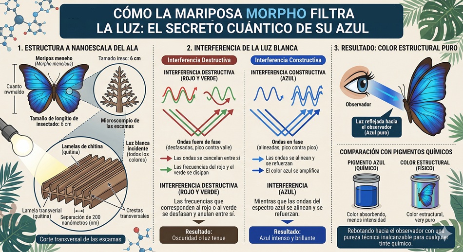 Infografía sobre cómo las alas de la mariposa Morpho filtran la luz